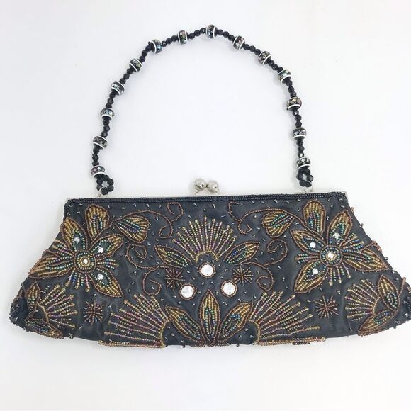 Apt. 9 Black Satin Beaded Floral Sparkle Bead Handle Mini Evening Bag - Picture 5 of 16